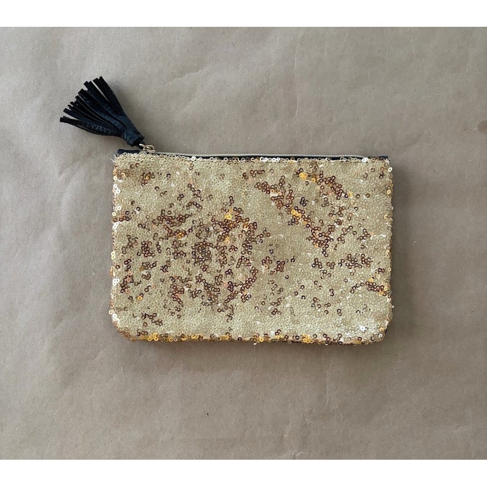 IPSY Gold Sequin Black Pebbled Tassel Clutch Makeup Bag Pouch OS New Glam Party